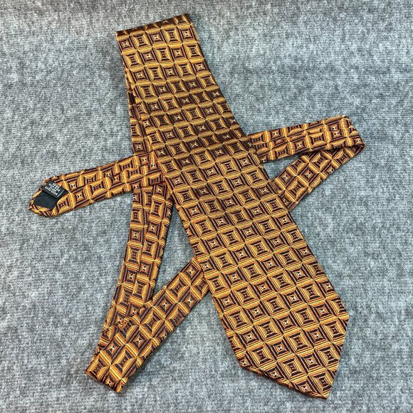 Emilio Romano Italian Made 100% Silk Tie 57" x 4" Geometric Gold & Brown Pattern - Picture 1 of 5
